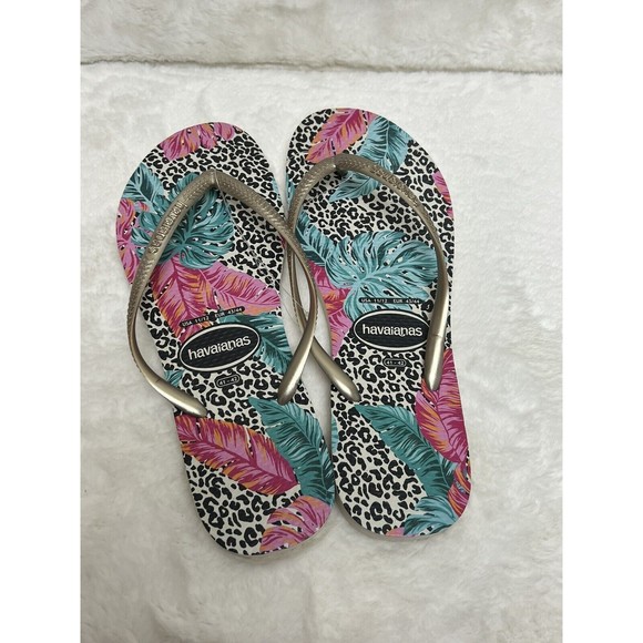 Havaianas Womens Slim Animal Print Leaf Floral Pink Beige Flip- Flops Size 11/12 - Picture 2 of 6